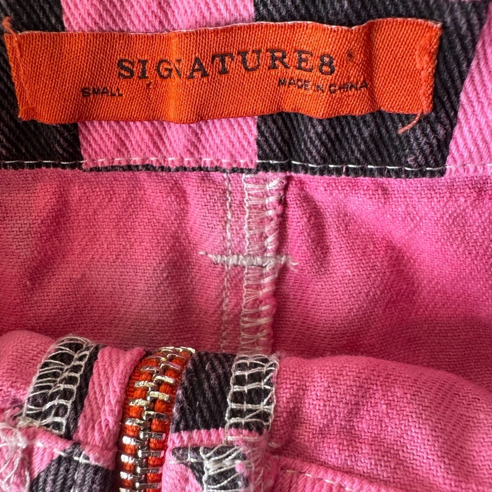 Y2K Pink Checkerboard Denim Mini Skirt Ring Zip Punk Indie Sleaze Street Style - Picture 9 of 11